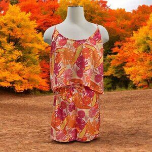 Gyal Bashy Tropical Leaf Print Romper L Summer Vacation Festival Boho Y2K Island